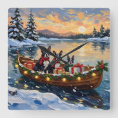 Boston Terrier Christmas Boat Holiday スクエア壁時計 (正面)