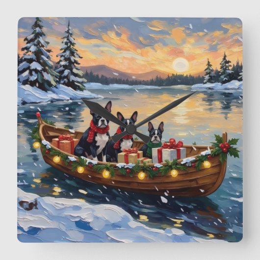 Boston Terrier Christmas Boat Holiday スクエア壁時計 (正面)