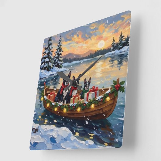 Boston Terrier Christmas Boat Holiday スクエア壁時計 (傾斜)