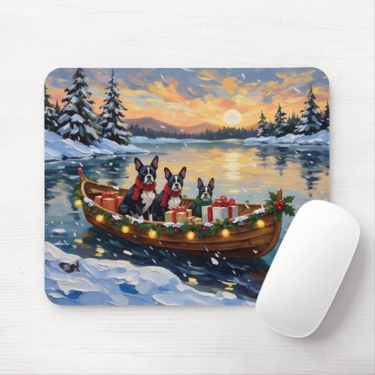 Boston Terrier Christmas Boat Holiday マウスパッド (マウス)