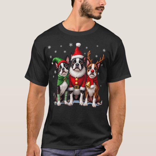 Boston Terrier Christmas Dogs Funny Santa Reindeer Tシャツ (正面)