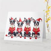 Boston Terrier Christmas Dress Santa Hat カード (黄色い花)