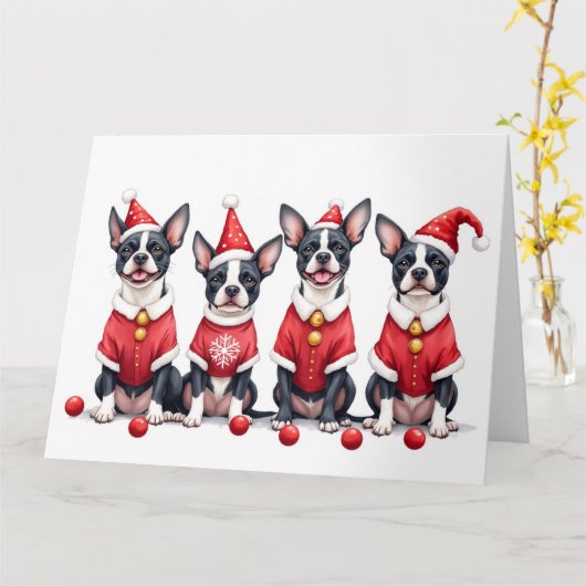 Boston Terrier Christmas Dress Santa Hat カード (黄色い花)
