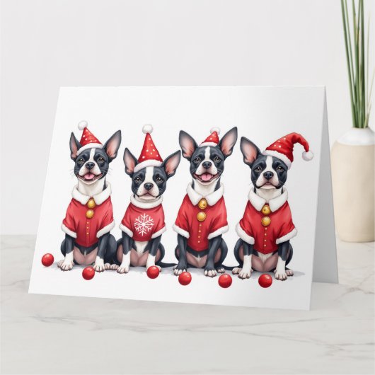 Boston Terrier Christmas Dress Santa Hat カード (正面)