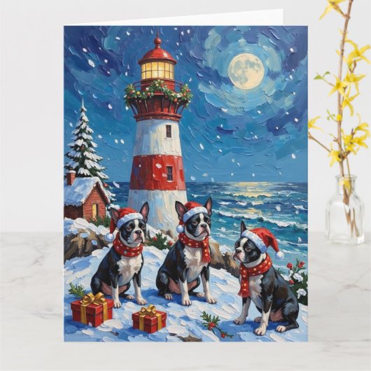 Boston Terrier Christmas Lighthouse Holiday カード (黄色い花)