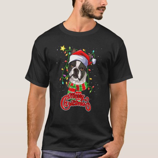 Boston Terrier Christmas Lights Santa Hat Dog Owne Tシャツ (正面)