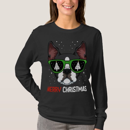 Boston Terrier Christmas Pajama Dog Sunglasses X-M Tシャツ (正面)