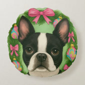 Boston Terrier Christmas Pillow ラウンドクッション (正面)