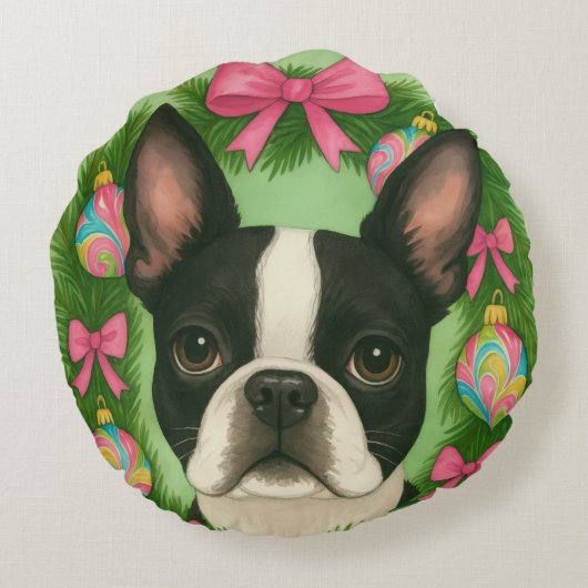 Boston Terrier Christmas Pillow ラウンドクッション (裏面)