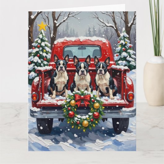 Boston Terrier Christmas Red Truck Holiday カード (正面)