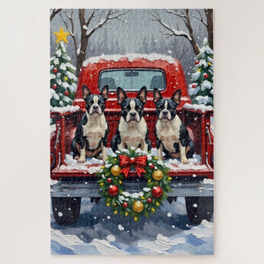 Boston Terrier Christmas Red Truck Holiday ジグソーパズル (縦)