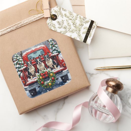 Boston Terrier Christmas Red Truck Holiday スクエアシール (ギフト)