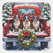 Boston Terrier Christmas Red Truck Holiday スクエアシール (正面)