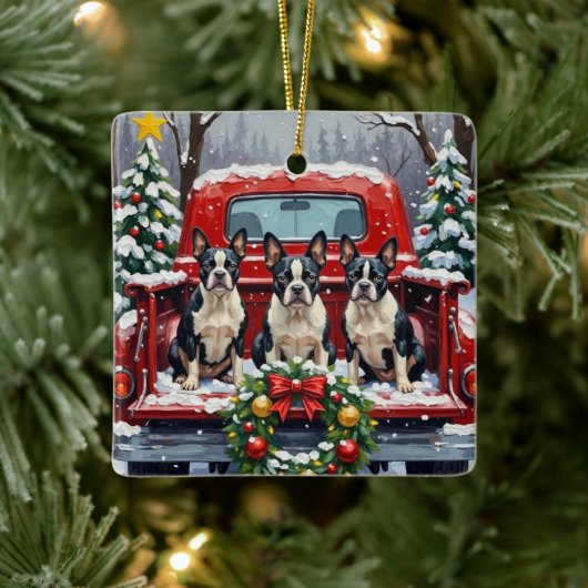Boston Terrier Christmas Red Truck Holiday セラミックオーナメント (ツリー)