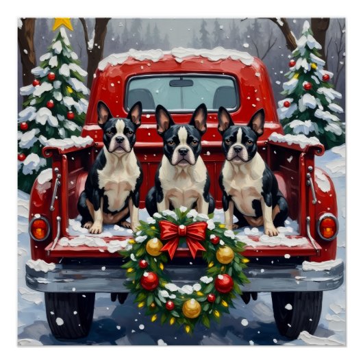 Boston Terrier Christmas Red Truck Holiday ポスター (正面)