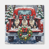 Boston Terrier Christmas Red Truck Holiday マグネット (正面)
