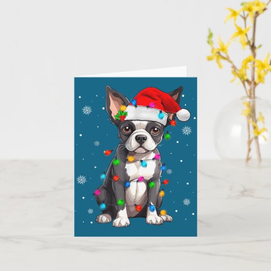 Boston Terrier Christmas Santa Hat  カード (黄色い花)