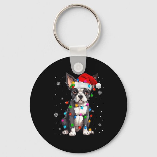 Boston Terrier Christmas Santa Hat  キーホルダー (正面)