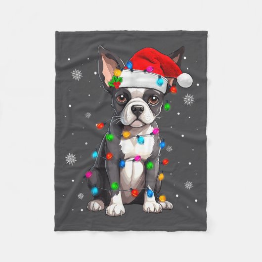 Boston Terrier Christmas Santa Hat  フリースブランケット (正面)