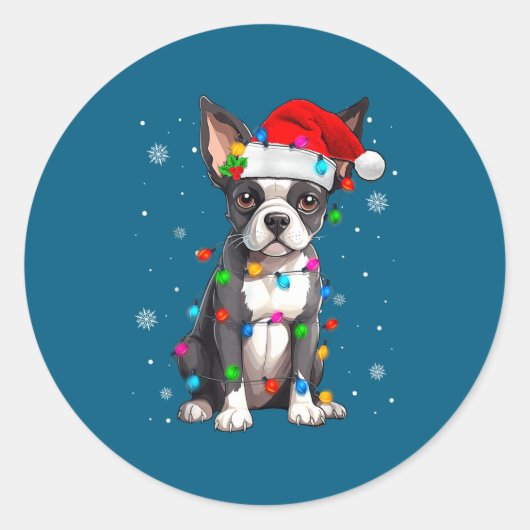 Boston Terrier Christmas Santa Hat  ラウンドシール (正面)