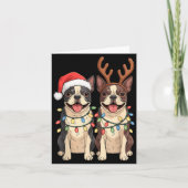 Boston Terrier Christmas Santa Hat Reindeer Lights カード (正面)