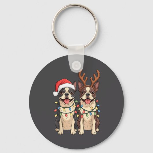 Boston Terrier Christmas Santa Hat Reindeer Lights キーホルダー (正面)