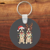Boston Terrier Christmas Santa Hat Reindeer Lights キーホルダー (正面)