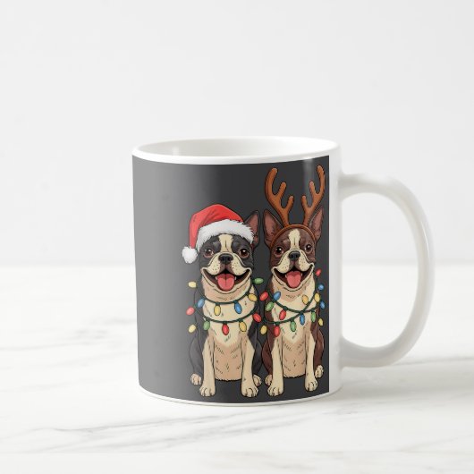 Boston Terrier Christmas Santa Hat Reindeer Lights コーヒーマグカップ (右)