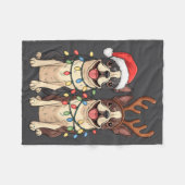 Boston Terrier Christmas Santa Hat Reindeer Lights フリースブランケット (正面(横))