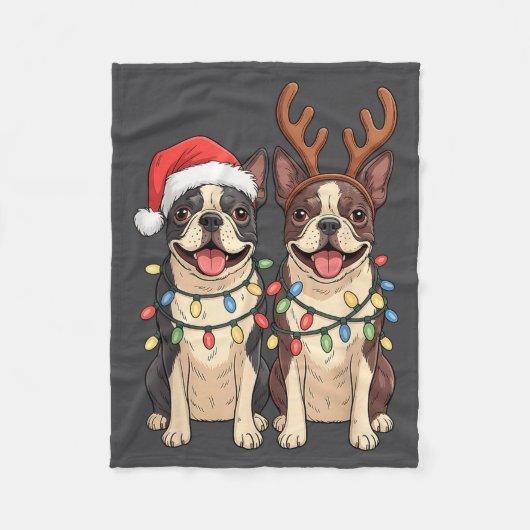Boston Terrier Christmas Santa Hat Reindeer Lights フリースブランケット (正面)
