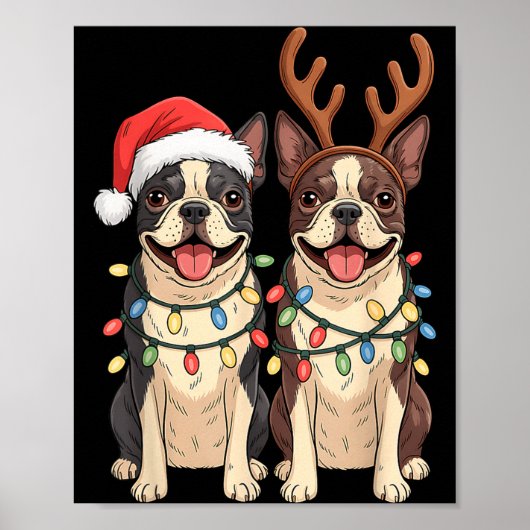Boston Terrier Christmas Santa Hat Reindeer Lights ポスター (正面)