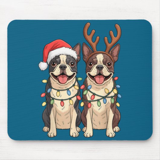 Boston Terrier Christmas Santa Hat Reindeer Lights マウスパッド (正面)