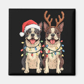 Boston Terrier Christmas Santa Hat Reindeer Lights マグネット (正面)
