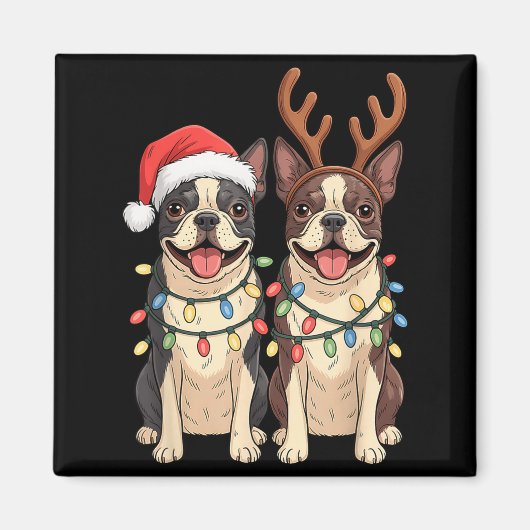 Boston Terrier Christmas Santa Hat Reindeer Lights マグネット (正面)