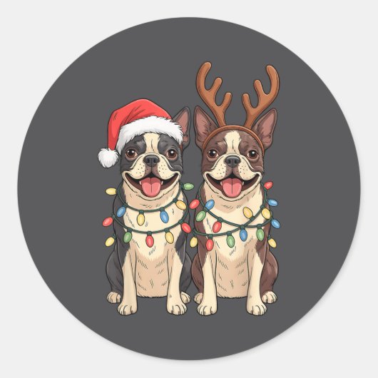 Boston Terrier Christmas Santa Hat Reindeer Lights ラウンドシール (正面)