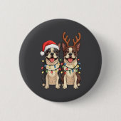 Boston Terrier Christmas Santa Hat Reindeer Lights 缶バッジ (正面)