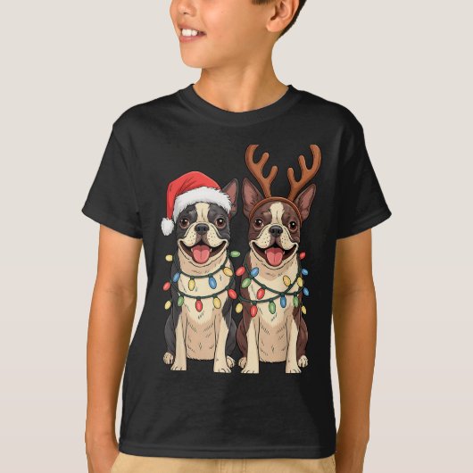 Boston Terrier Christmas Santa Hat Reindeer Lights Tシャツ (正面)