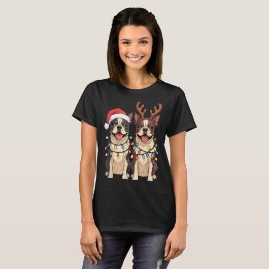 Boston Terrier Christmas Santa Hat Reindeer Lights Tシャツ (正面フル)