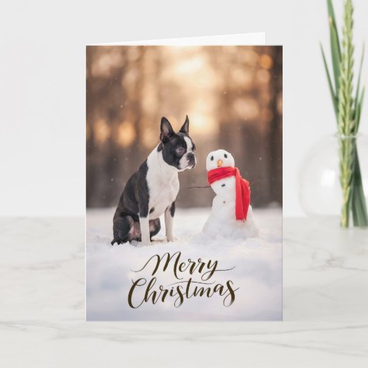 Boston Terrier Christmas Snowman シーズンカード (正面)