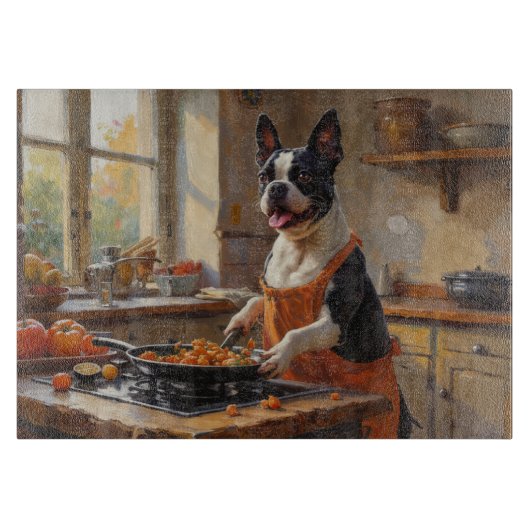 Boston Terrier Cooking in Kitchen カッティングボード (正面)