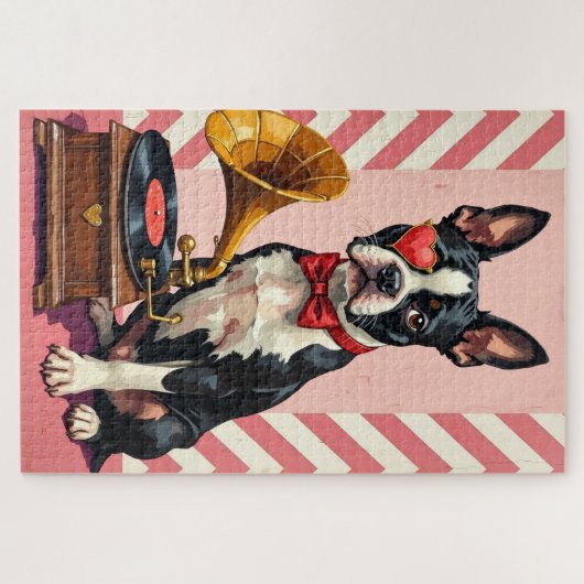 Boston Terrier Dapper Valentine's Day Monocle ジグソーパズル (横)