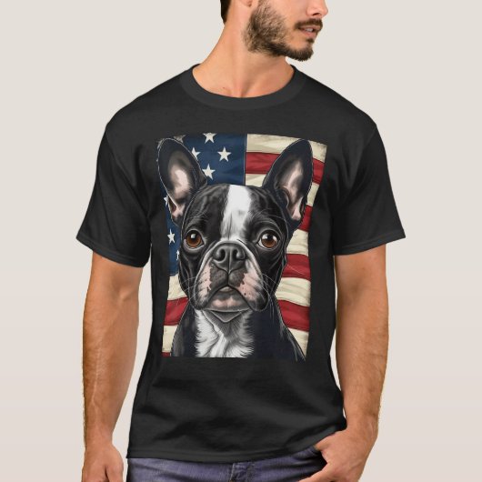 Boston Terrier Dog American Flag 4th of July Patri Tシャツ (正面)