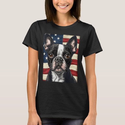 Boston Terrier Dog American Flag 4th of July Patri Tシャツ (正面)
