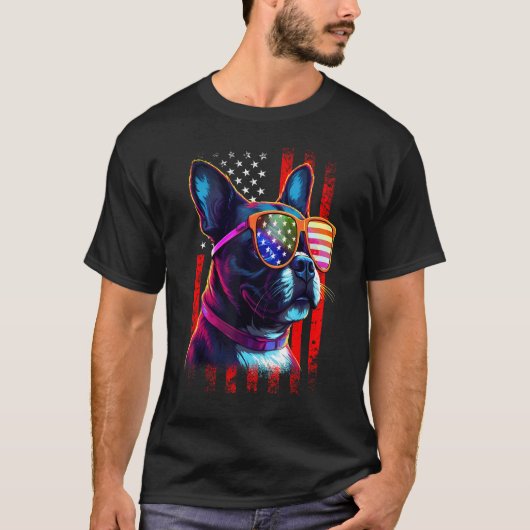 Boston Terrier Dog American Flag 4th Of July Patri Tシャツ (正面)
