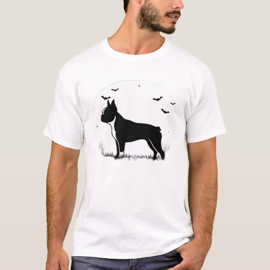Boston Terrier Dog � Halloween Moon Silhouette Ove Tシャツ (正面)