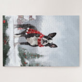 Boston Terrier Dog in Snow Christmas  ジグソーパズル (横)