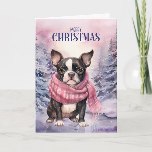 Boston Terrier Dog Merry Christmas Pink Forest シーズンカード (正面)