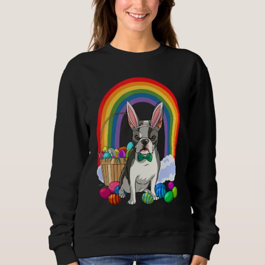 Boston Terrier Dog Mom Easter Eggs Bunny Rabbit スウェットシャツ (正面)