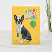 Boston Terrier Dog Party Hat Yellow Birthday カード (正面)
