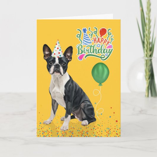 Boston Terrier Dog Party Hat Yellow Birthday カード (正面)